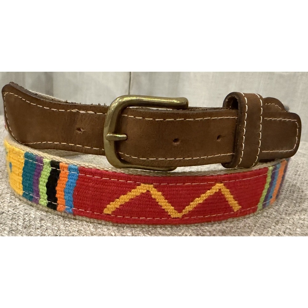 A Tail We Could Wag Cotton Leather Belt Size 42 Colorful Woven Brass Buckle